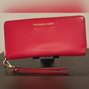 Michael Kors Red Leather Continental Zip Around Wristlet Wallet